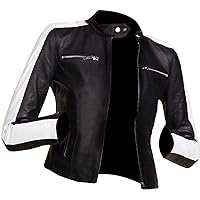 Women's Café Racer White Sleeve Stripe Motorcycle Slim Biker Black Leather Jacket