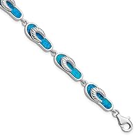 925 Sterling Silver Polished Lobster Claw Closure Simulated Blue Simulated Opal Inlay Sandal Bracelet 7 Inch Jewelry for Women