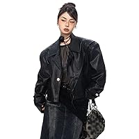 Notched Collar Leather Blazers for Women Autumn Solid Color Versatile Suit Jacket Female
