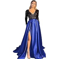 Elegant Satin Prom Dresses for Women Long Sleeve with Pockets V-Neck Sequin Ball Gown with Split Formal Evening Party
