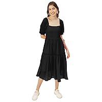 Solid Square Neck Smocked Midi Dress, Poly Georgette Dresses for Women Black
