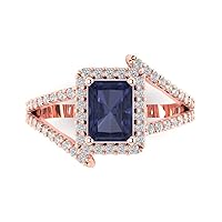 Clara Pucci 2.10 ct Emerald Cut Solitaire Halo Criss Cross Simulated Blue Sapphire Engagement Promise Bridal Ring 14k Rose Gold