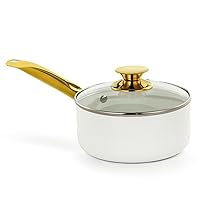 Holstein Housewares 2.5QT White Ceramic Nonstick Saucepan with Lid, Gold Color and Stainless Steel Handle, Golden Elegance