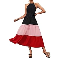 Summer Dresses for Women 2023 Colorblock Ruffle Hem Belted Halter Maxi Dress