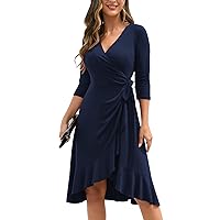IHOT Women's Deep V Neck 3/4 Sleeve Wrap Ruched Ruffle Casual Cocktail Party Work Swing Dress