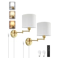 Plug in Wall Sconces with Remote Control, Dimming 10%-100% & Adjustable Colors 2700K-6500K, Hardwire or Plug-in, Swing Arm Wall Lamp with White Fabric Shade, Wall Sconces Set of Two, Gold Finish