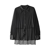 Women Silk Satin Long Sleeve Shirt Lapel Solid Patchwork Button Blouse Office Lady Casual Shirt
