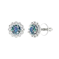 1.02 ct Round Cut Halo Solitaire Genuine Blue Moissanite Ideal Pair of Solitaire Stud Screw Back Earrings 18K White Gold