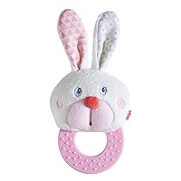 HABA Chomp Champ Bunny Teether - with Crinkle Ears and Plastic Teething Ring for Babies from Birth and Up