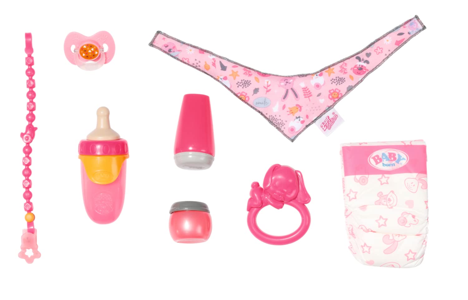 BABY born Starter Set 832851 - Accesories Dolls for Toddlers - Includes Magic Eyes Dummy & Dummy Chain, Nappy, Ring Toy, Powder Bottle, Cream Tube, Bottle & Neckerchief