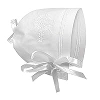 Stephan Baby Bonnets - White Cotton Christening Bonnet with Cutwork Embroidered Cross and Satin Bows, One Size, Straight Hem
