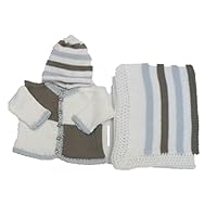 White Dk Grey Blocked Cotton Cardigan Hat Set and Blanket for Ages 6-12 Month