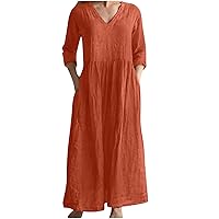 Plus Size Women Cotton Linen 3/4 Sleeve Babydoll Shirt Dress Summer V-Neck Pleated Casual Loose Fit A-Line Dresses