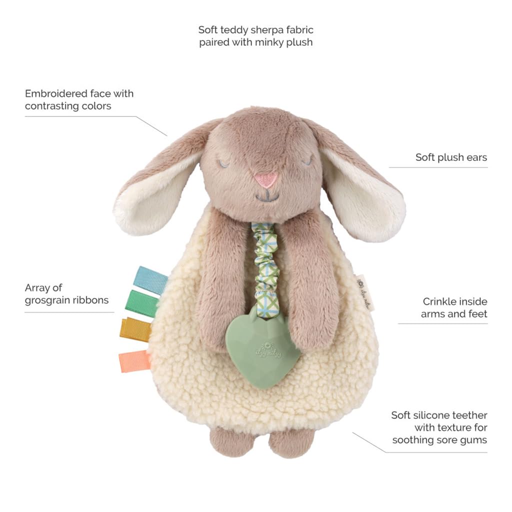Itzy Ritzy - Itzy Lovey Including Teether, Textured Ribbons & Dangle Arms; Features Crinkle Sound, Sherpa Fabric and Minky Plush; Taupe Bunny