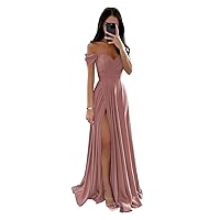 Off The Shoulder Bridesmaid Dresses for Women with Slit Satin Prom Dress Long Formal Gown