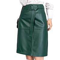 Women Leather Skirt Female Winter Knee Length with Belt Leather Skirt
