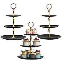 3 Pack 3 Tier Cupcake Stand, Plastic Tiered Serving Stand, Dessert Tray for Tea Party, Baby Shower and Wedding (Black)
