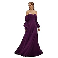 Women's Puffy Long Sleeve Prom Dress for Women Off Shoulder Sweetheart Lace Applique A-Line Tulle Formal Gowns