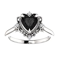 Filigree Vintage Heart Shape Black Diamond Engagement Ring, Victorian Halo 2.5 CT Heart Genuine Black Diamond Ring, Antique Black Onyx Ring, 14K Solid White Gold, Perfact for Gift