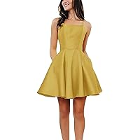 Short Homecoming Dresses Spaghetti Strap Satin A Line Backless Formal Prom Evening Party Dress with Pockets