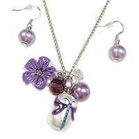 Linpeng Dragonfly Beads Necklace Earrings Jewelry Set, Violet