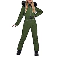 Women Winter One Piece Ski Suits Outdoor Sports Snowsuit Fur Collar Coat Jumpsuit with Hoodies Ski Jackets and Pants