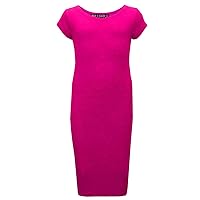 Girls Bodycon Plain Short Sleeve Long Length Dresses - Midi Dress Cerise 9-10