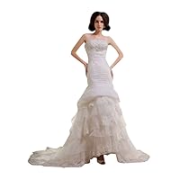 Ivory Strapless Organza Layered Mermaid Wedding Dresses With Beaded Lace