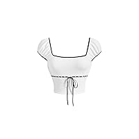 Milumia Women Tie Front Square Neck Crop Tees Puff Cap Sleeve Ribbed T-Shirts Tops