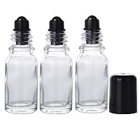 3Pcs 30ML Clear Glass Empty Refillable Roll-On Bottles with Stainless Steel Roller Ball and Black Cap Essential Oil Perfume Eye Essence Fluid Cosmetic Containers Dispense Sample Vials for Beauty