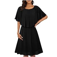 Women's 2024 Summer Dress Trendy Solid Color Sleeveless Capelet Sleeve Round Neck Elegant Flowy Knee Length Dresses