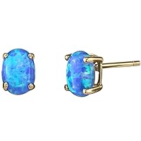 Peora 14K Yellow Gold Created Blue Fire Opal Earrings for Women, Classic Solitaire Studs, 7x5mm Oval Shape, 1 Carat total, Friction Back