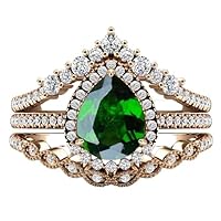 1.5 CT Pear Cut Chrome Diopside Engagement Ring Set Vintage Chrome Diopside Halo Wedding Ring Set 3 Piece Bridal Ring Set Vintage Antique Promise Ring Set Anniversary For Her