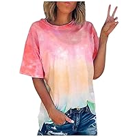 ZunFeo Tshirt for Women 2023 Crewneck Short Sleeve Casual Tees Tie Dye Summer Tunic Blouses Loose Fit Fashion Top Cruise Wear