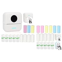 Mini Portable Printer Set with 12 Rolls Printing Paper + 16 Rolls Thermal Paper Set, Including Sticker/Colored Plain/White Plain Paper, White