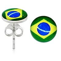 Brazil Flag Logo Picture 925 Sterling Silver Ear Pin Stud Earring Jewelry