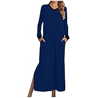 Lounge Nightdress Womens Long Sleeve Fashion Color Block Side Split Maxi Nightgown with Pockets Comfy Kaftan Dress
