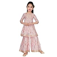 Light Pink Embroidered Coords Set for Girls, Cotton Kurta and Matching Gharara