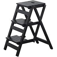 Step Stool,3 Step Wooden Folding Stair Stool with Non-Slip Wide Tread Portable Sturdy Ladder for Home Kitchen Office (Black)