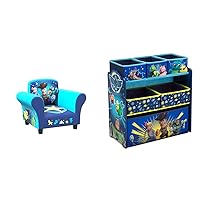 Delta Children Toy Story 4 Upholstered Chair and 6 Bin Toy Organizer with Reusable Stickers, Woody and Buzz Lightyear