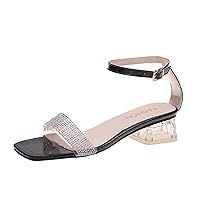 Womens Sandals Ladies Fashion Summer Transparent PVC Rhinestone Decorative Square Toe Open Toe Thick Heel Sandals