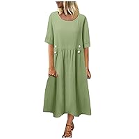 Women Midi Dresses Fashion Beach Dress Solid Cotton Linen Short Sleeve Long Dress Summer Daily Casual Maxi Dress