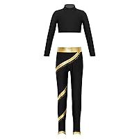 Kids Girls Gymnastic Workout Outfits Crop Top with Shiny Striped Pants Set Figure Skating Dance Performance