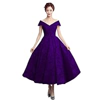 1950's Dresses for Women Lace Off The Shoulder Tea Length Evening Gowns Purple US8