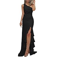 Women's Lace Dress One Shoulder Zipper Ruched Ruffle Formal Evening Dressslim Maxi Dresses, S-2XL