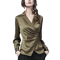 Office Ladies Suit Collar Long Sleeve Shirt Women Autumn Satin Tunic Tops Blouse Slim V-Neck Olive EN8 Shirts