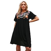 Womens Plus Size Dresses Summer Floral Embroidery Smock Dress (Size : XX-Large)