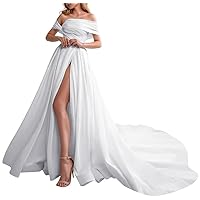Off Shoulder Satin Ball Gown Wedding Dresses for Bride with High Split Formal Evening Gowns for Wedding Party