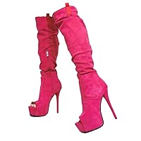 Frankie Hsu Fashion Sexy Platform Big Large Size Deep Pink Faux Suede Stiletto Peep Toe High Heel Knee Wide Calf Tall Long Boots For Women US4-19