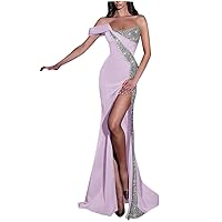 Tsbridal Women Sparkly Sequin Prom Dress Strapless Mermaid Long Slit Satin Formal Evening Dress with Button